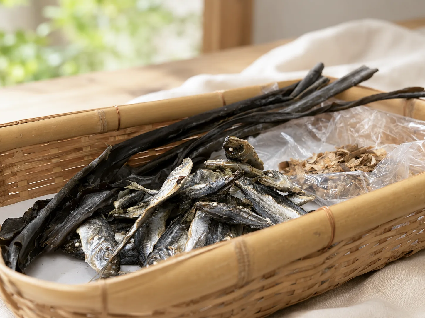 ざるに盛っただしの素材。日高昆布・アジ・かつお節