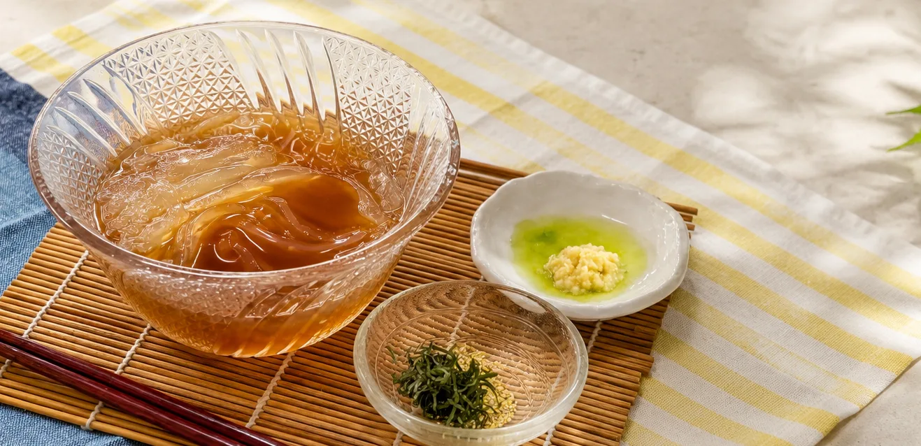 だしをかけたところてんと、生姜・青じその薬味