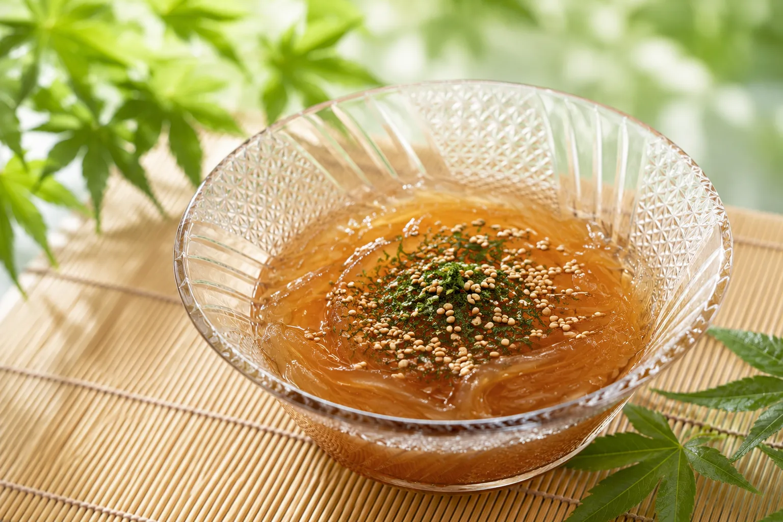 特製だしをかけたところてん。刻み海苔とごまをのせて